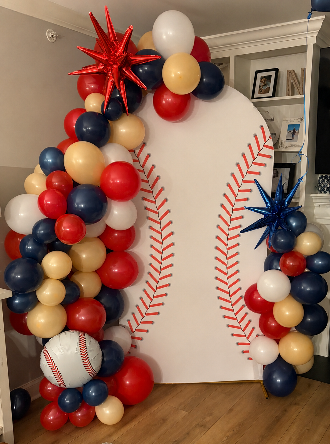 Custom baseball balloon arch and event backdrop by KeKe's Party Kart